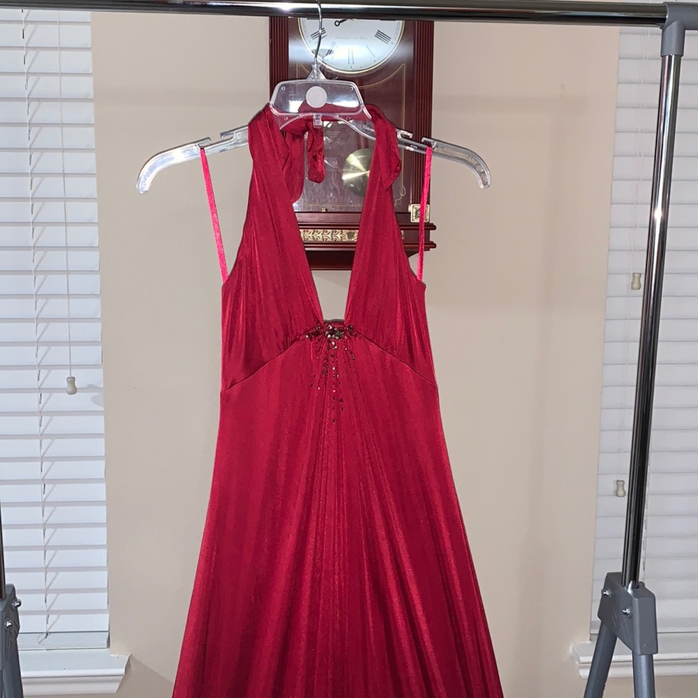 Floor length red satin BCBG dress